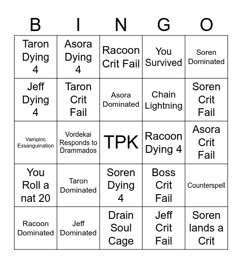 Kingmaker Bingo Card