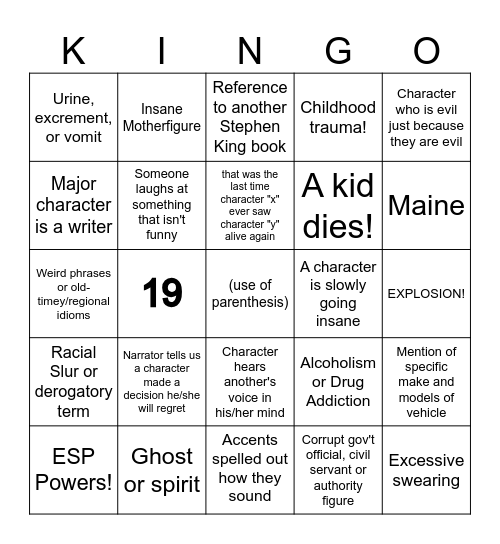 K-I-N-G-O Bingo Card