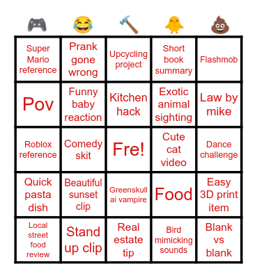 Youtube shorts Bingo Card