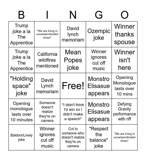 2025 Oscars Bingo Card