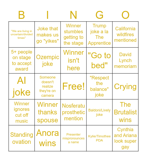 Oscars 2025 Bingo Card