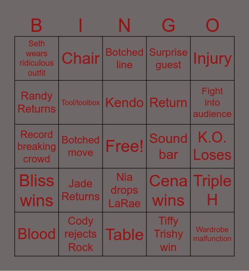 Elimination Chamber BINGO Card