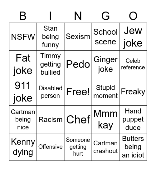 South Park bingo Card