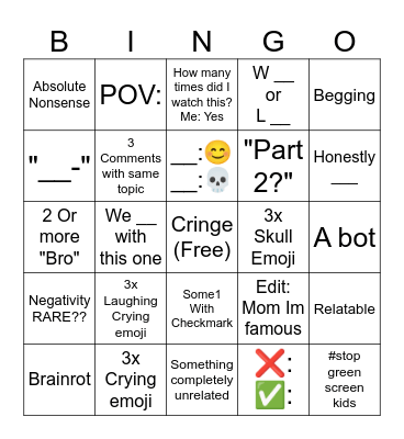 YT Shorts Comments Bingo Card