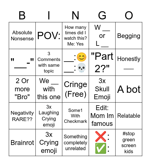 YT Shorts Comments Bingo Card