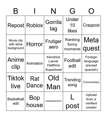 Tiktok Bingo Card