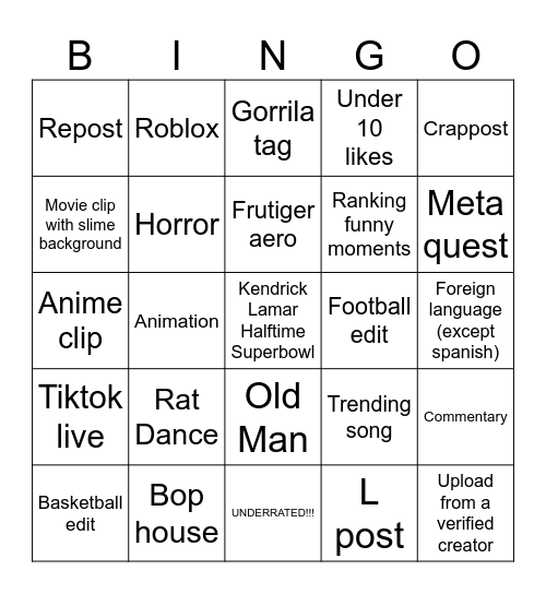 Tiktok Bingo Card