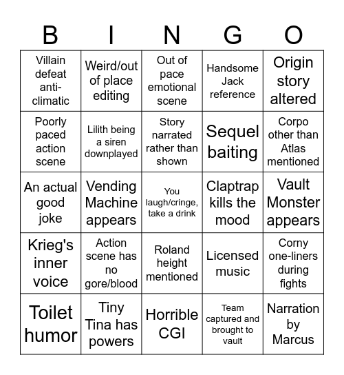 Borderlands Drinking Game Bingo Card