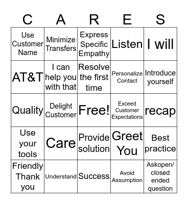 Care Commitment BINGO Card