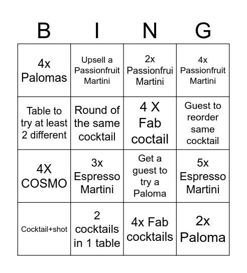 $18 FAB COCKTAILS Bingo Card