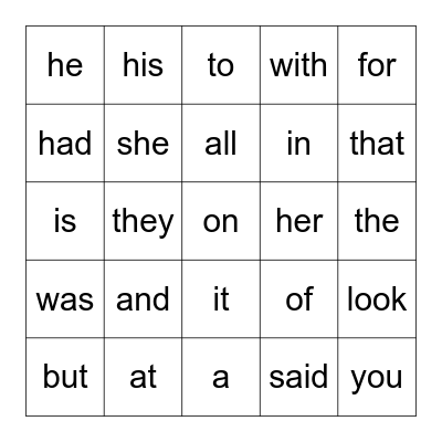 Heart Word Bingo Card