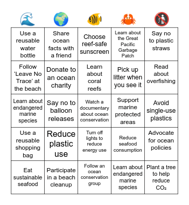 OCEAN CONSERVATION BINGO Card