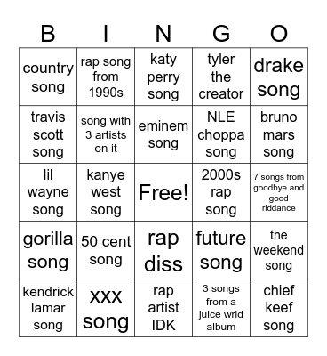rap song game Bingo Card
