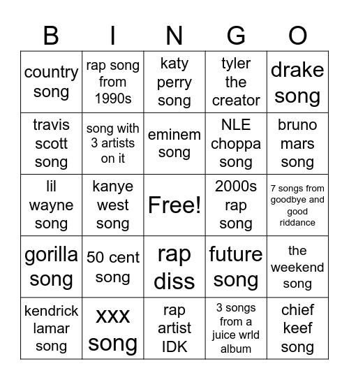 rap song game Bingo Card