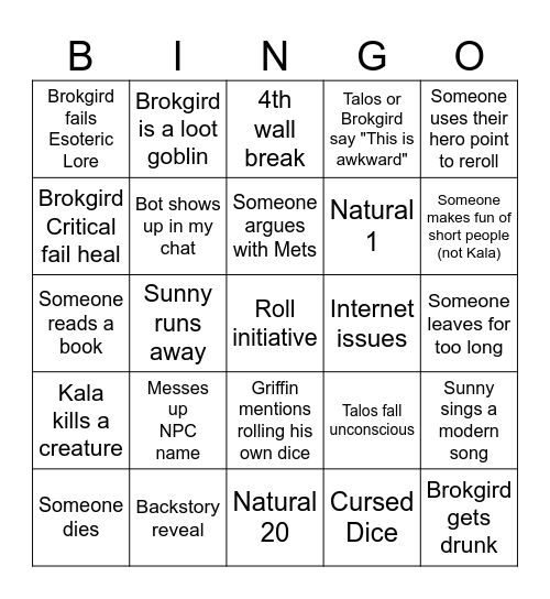 Pathfinder Bingo Card