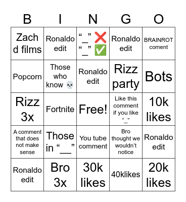 Yt Shorts Bingo Card