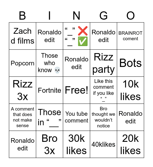 Yt Shorts Bingo Card