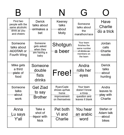 Trivia Night Bingo Card