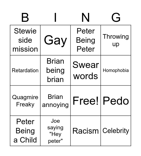 Family Guy Bingo Card