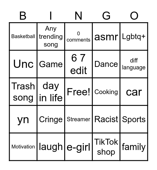 Tiktok Bingo Card
