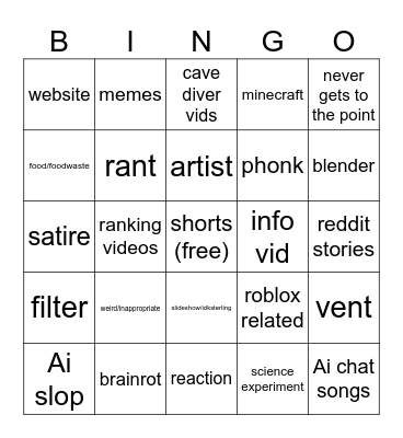 shorts bingo Card