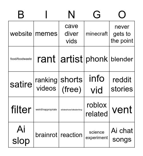 shorts bingo Card