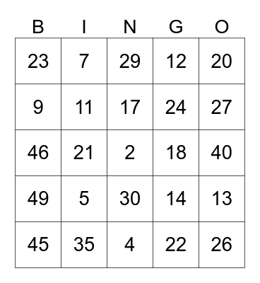 Number Bingo Card