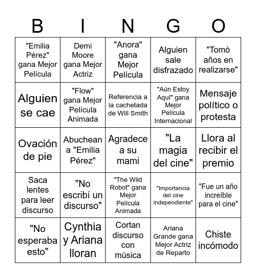 OSCARS 2025 con Filtro Sepia Bingo Card