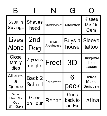 Jakes 5 Year Bingo Card