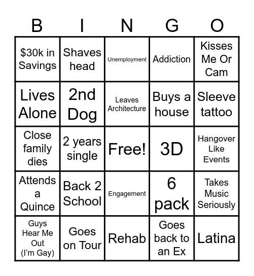 Jakes 5 Year Bingo Card