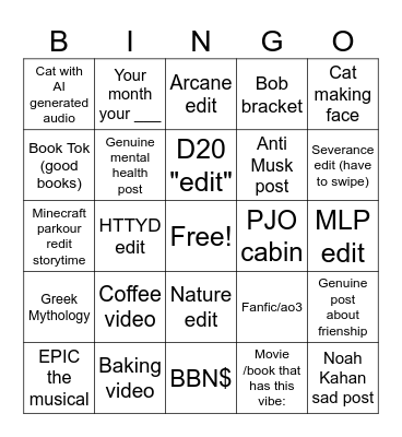Harpy's Tik Tok FYP Bingo Card