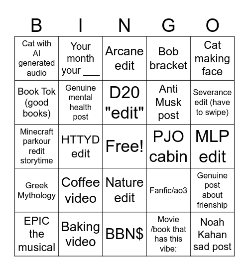 Harpy's Tik Tok FYP Bingo Card