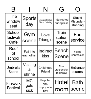 Romance anime bullshit Bingo Card