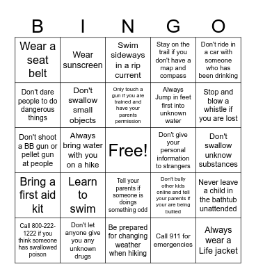 Personal Safety Kids Bingo Card