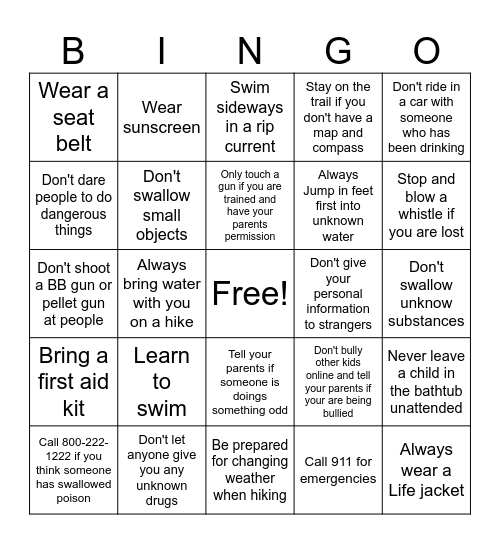 Personal Safety Kids Bingo Card