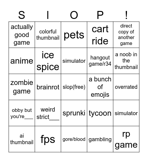 roblos charts section bingo Card