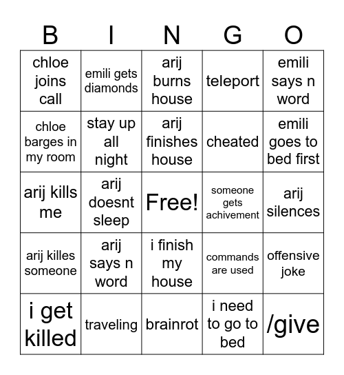 minecraft bingo Card