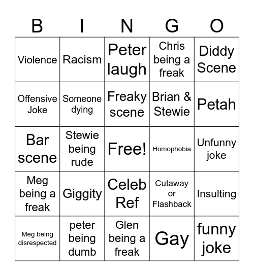 Family Guy Bingo Card