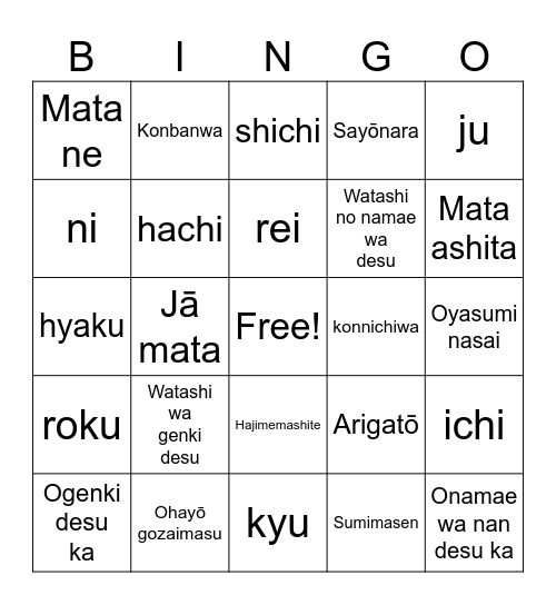 Japanese Greetings and Numbers Bingo Card