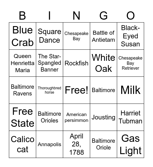 Our Maryland Heritage Bingo Card