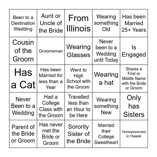 Beth and Jake's Wedding Guest Bingo Card