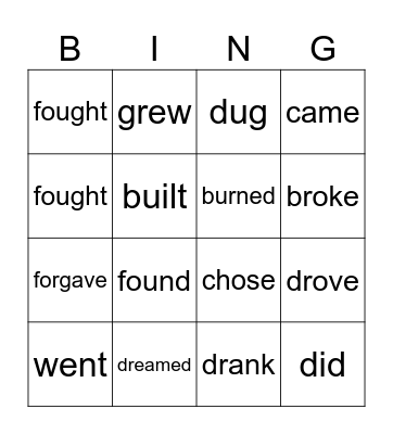 Irregular Verbs Bingo Card