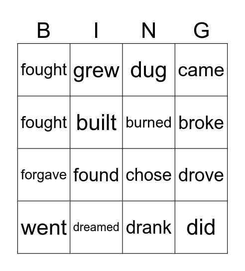 Irregular Verbs Bingo Card
