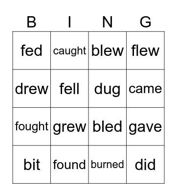 Irregular Verbs Bingo Card