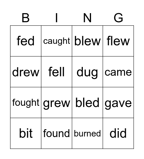 Irregular Verbs Bingo Card