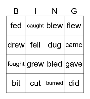 Irregular Verbs Bingo Card