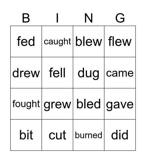 Irregular Verbs Bingo Card