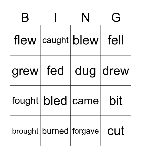 Irregular Verbs Bingo Card