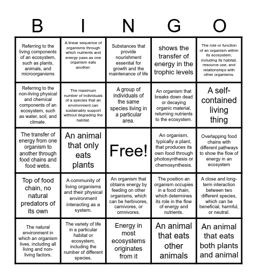 Section Vocab Bingo Card