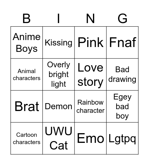 Gacha cringe Bingo Card